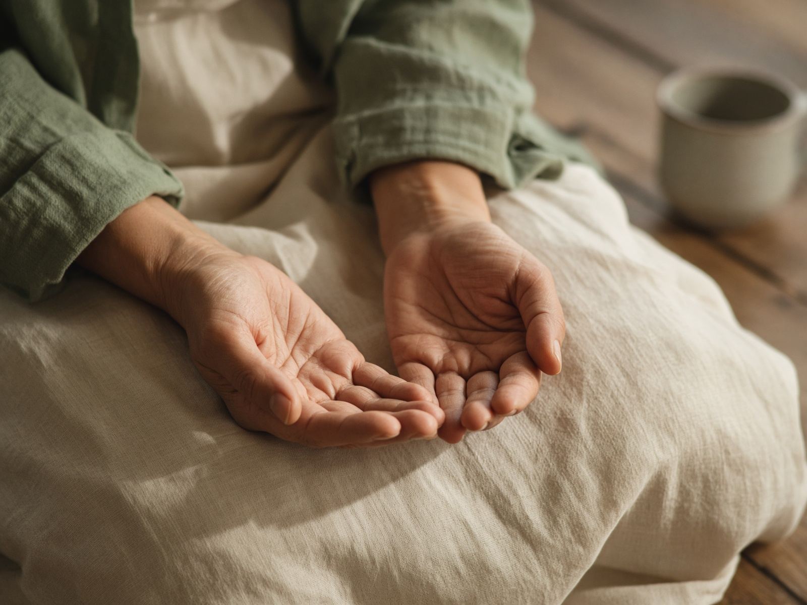 Hands resting loosely in a lap, palms up, in soft window light