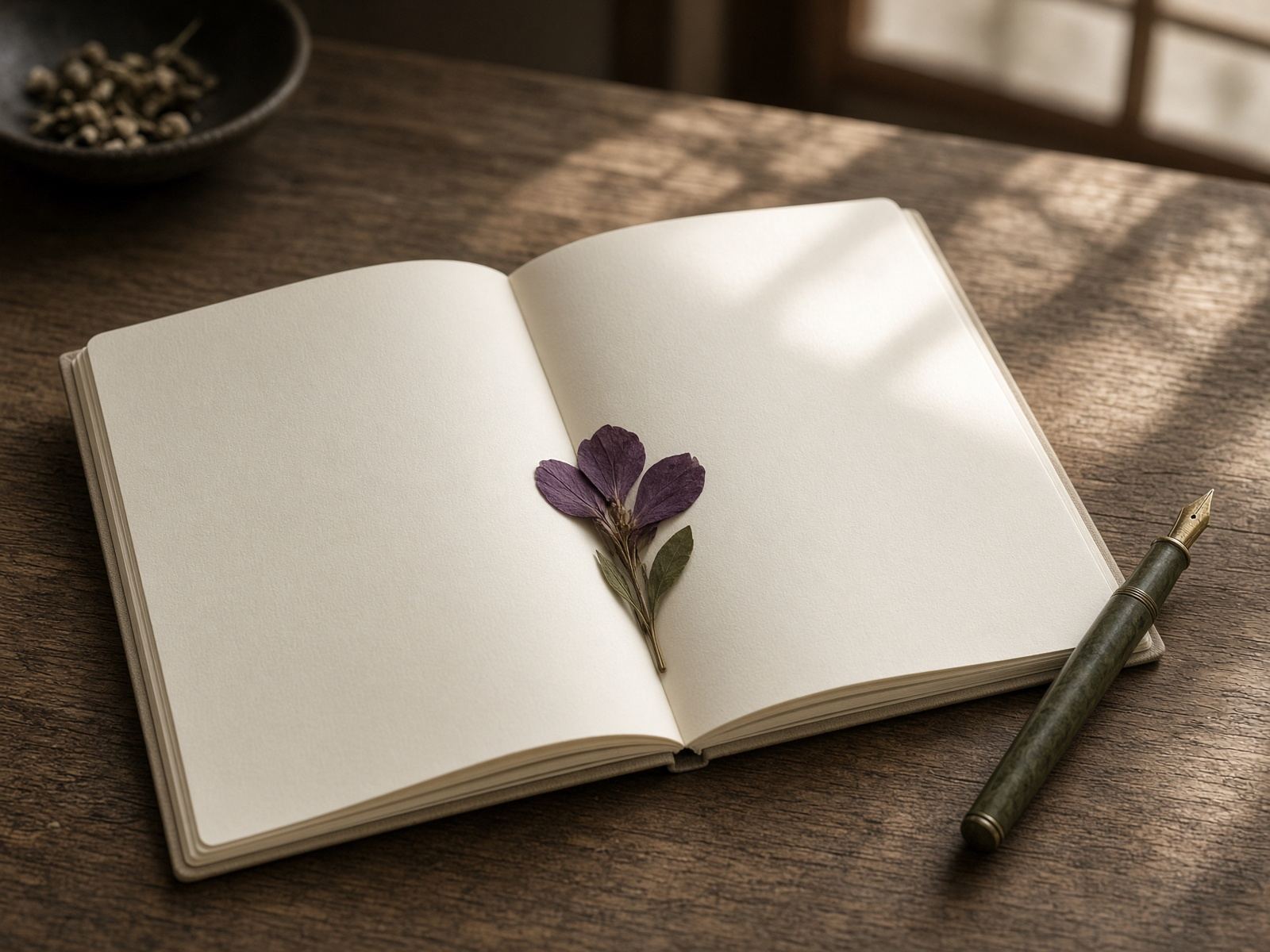 An open cream journal and a fountain pen in morning light