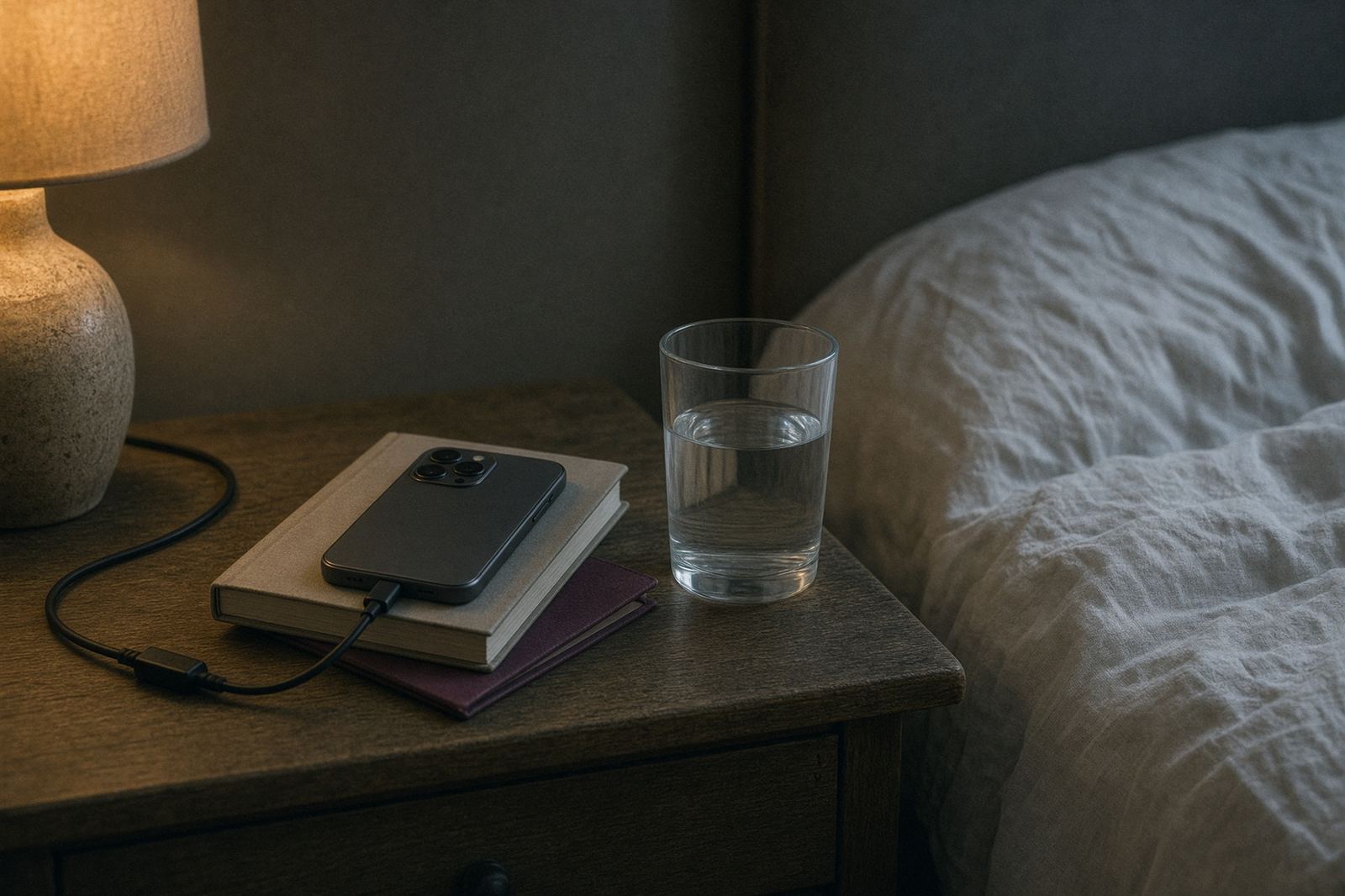 A nightstand at morning: a phone face-down on a book, a glass of water, rumpled sheets